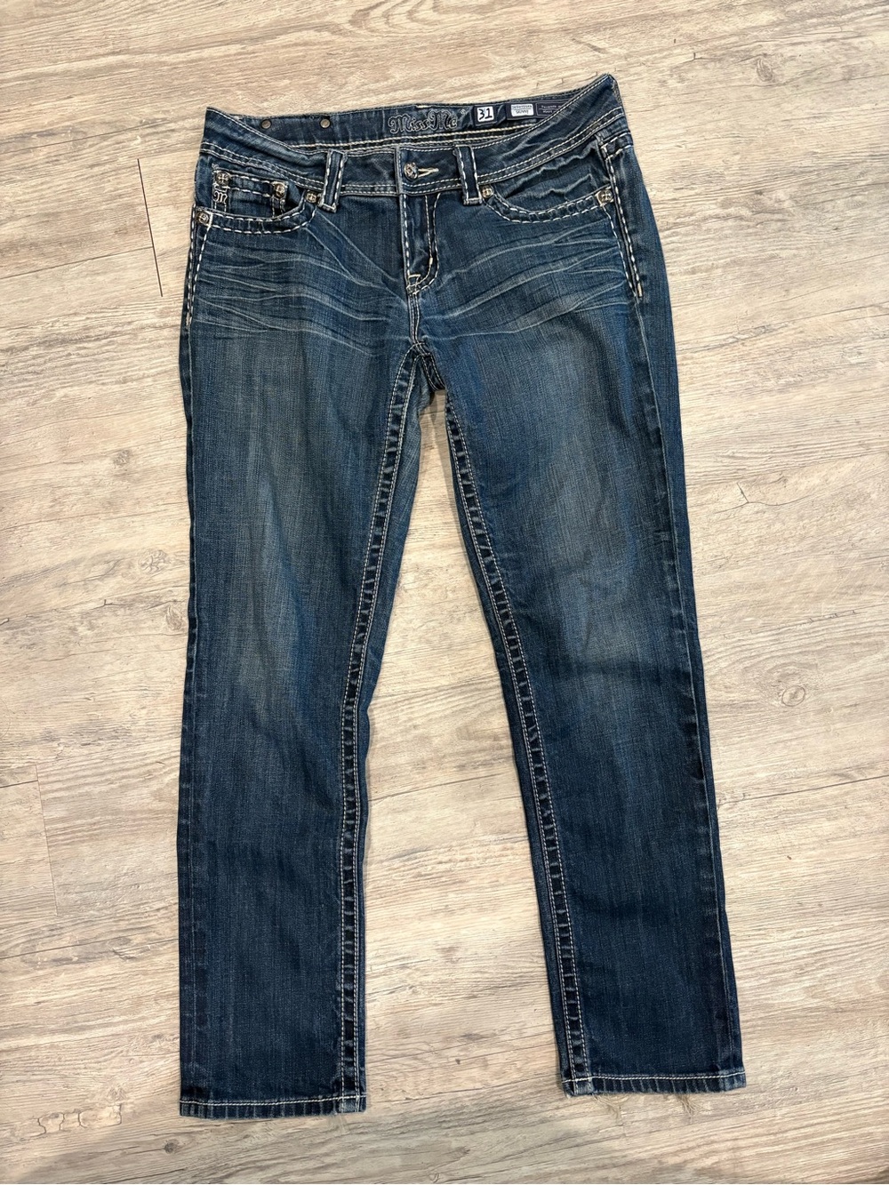Miss Me Dark Blue Straight Leg Jeans with Whisker Fade